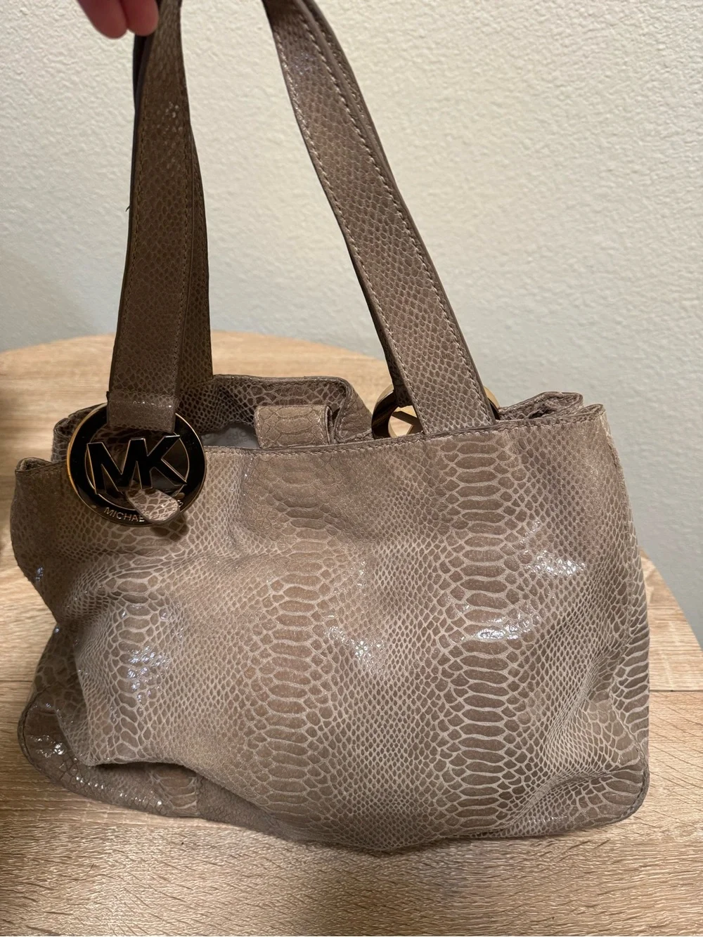 Michael Kors Shiny Taupe Snake-Embossed Shoulder Tote